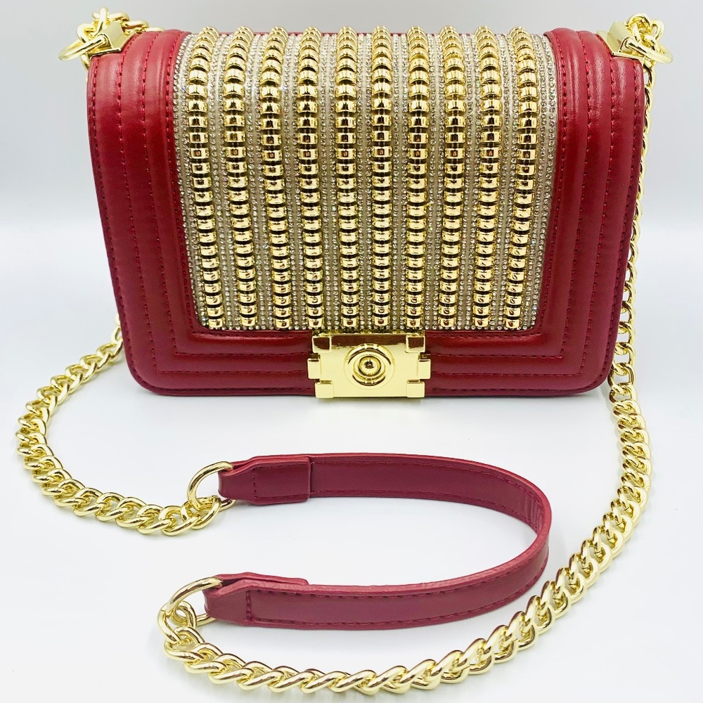 Chic Trendy red sparkly clear rhinestone studded shoulder gold-tone chain bag